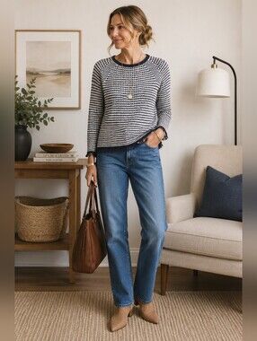 Kinross Navy and White Fringe Patterned Sweatshirt